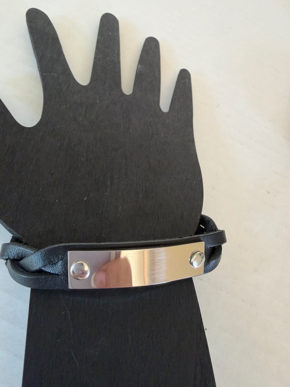 Unisex Black Leather Braided Bracelet with Silver Plate